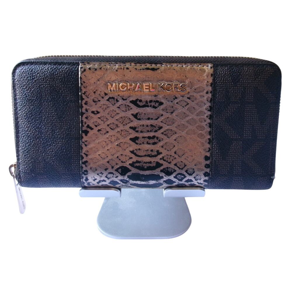 Michael Kors Black Gold Snakeskin Leather Zip Around Continental Wallet